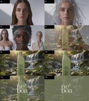 Storyboard NEBOA z portretami, zieloną butelką, wodą i końcowym logo